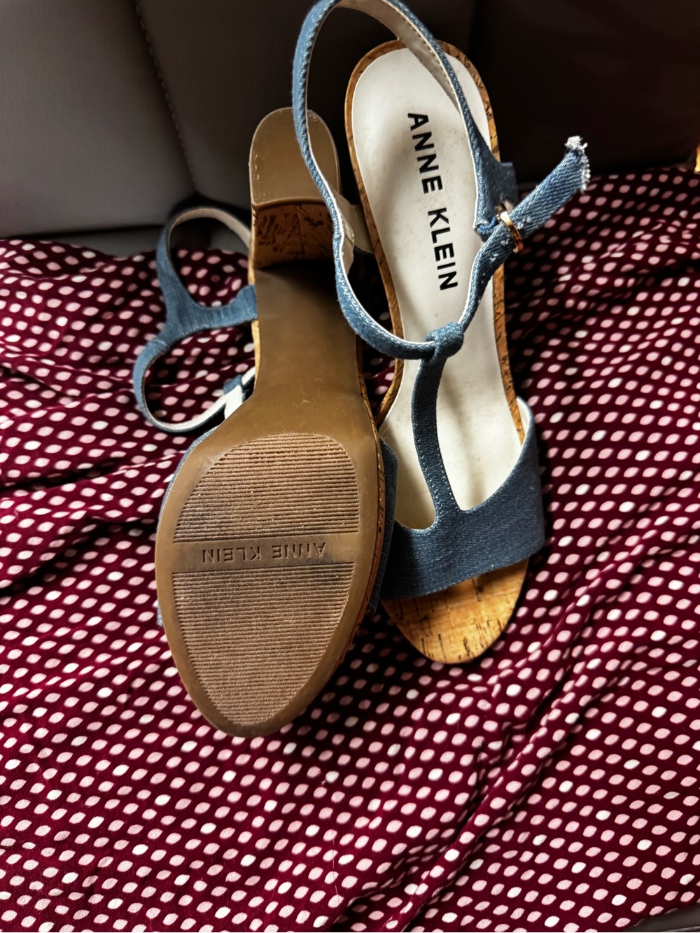 Anne Klein Denim T‑Strap Cork Wedge Sandals - Picture 4 of 6